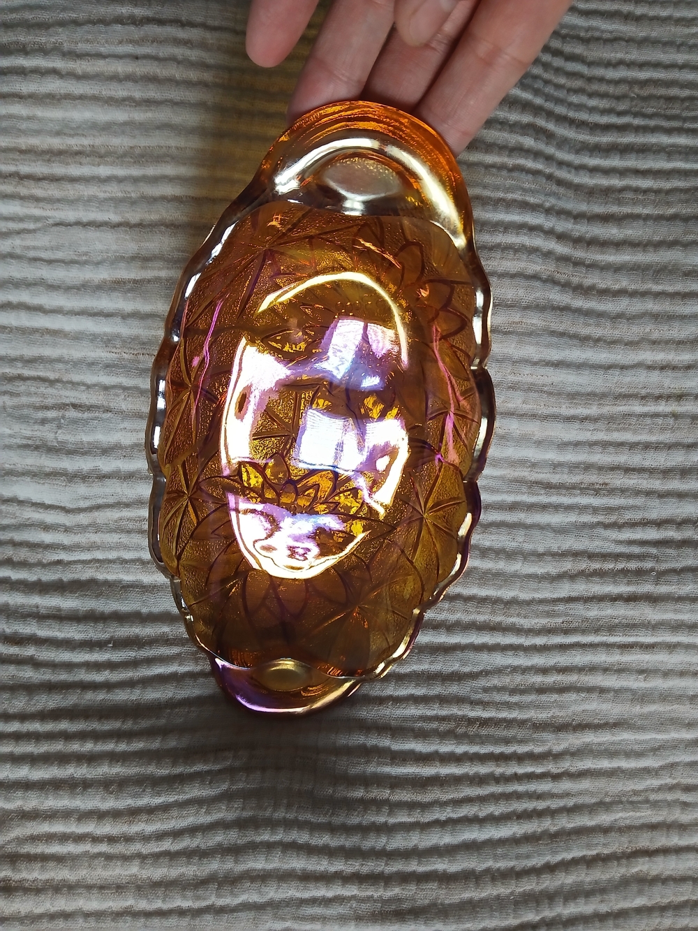 Vintage Indiana Glass Marigold Carnival Glass "Lily Pons" Oval Relish Dish